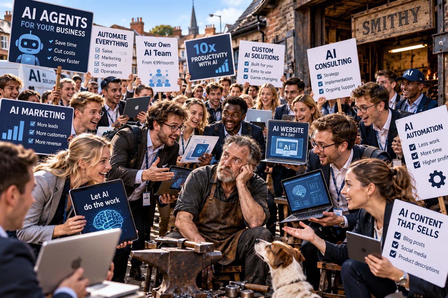 A blacksmith surrounded by enthusiastic AI salespeople offering competing products and services