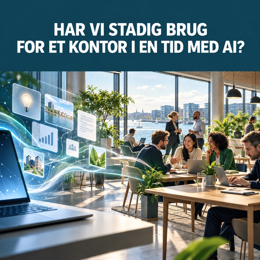 AI-værktøjer og mennesker i et moderne kontormiljø