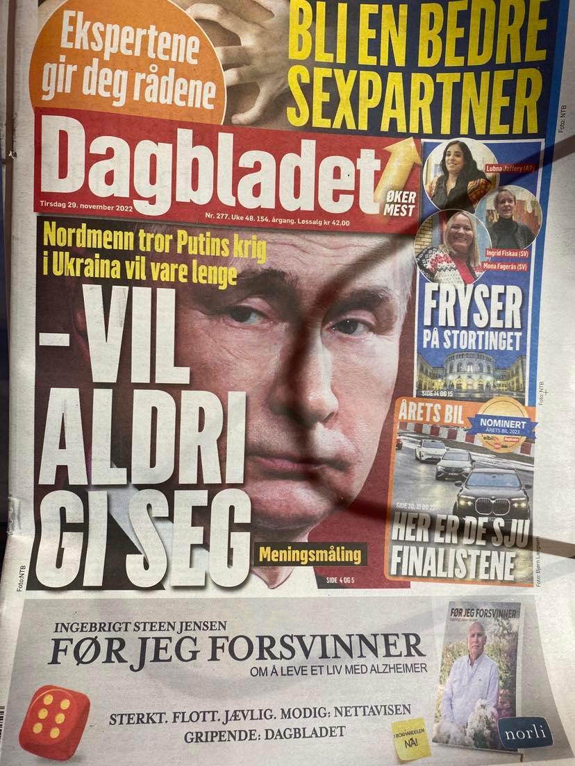 Dagbladet front page about Norwegians' view of the war in Ukraine