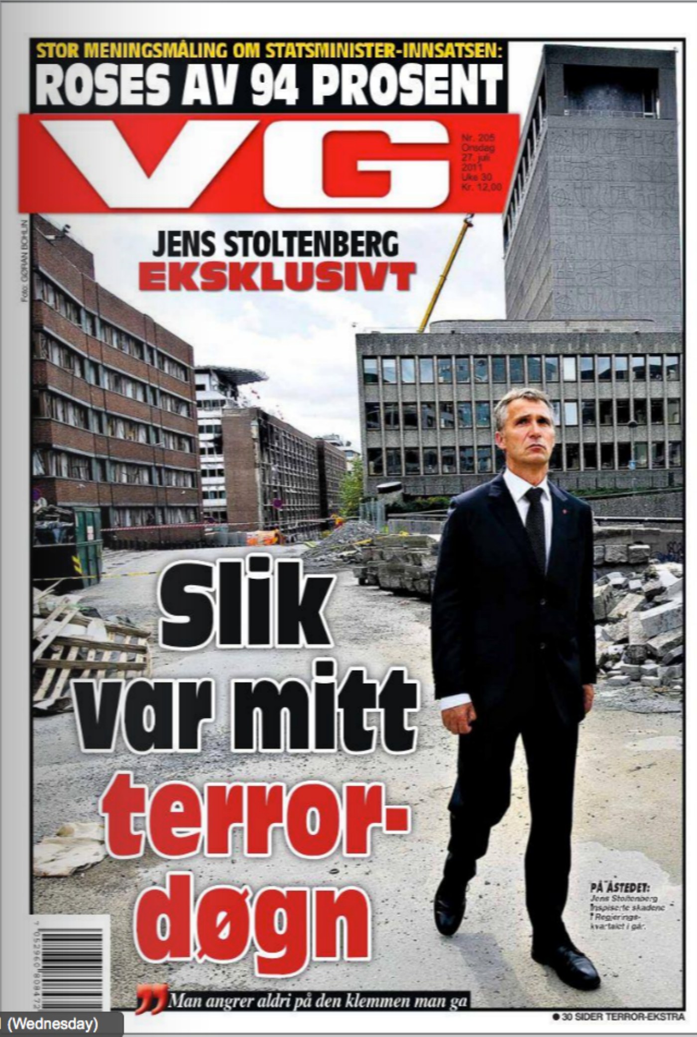 VG front page about a poll on the response following the terror attack