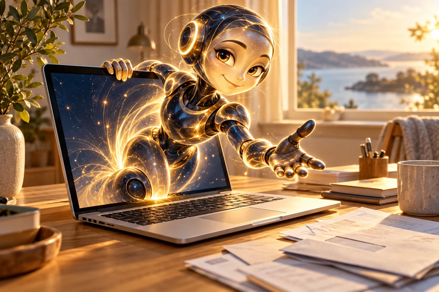 A smiling digital assistant emerges from a laptop