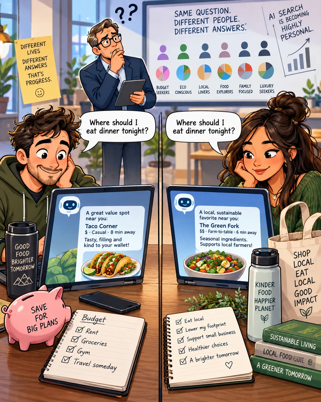 Two people asking the same restaurant question with different needs
