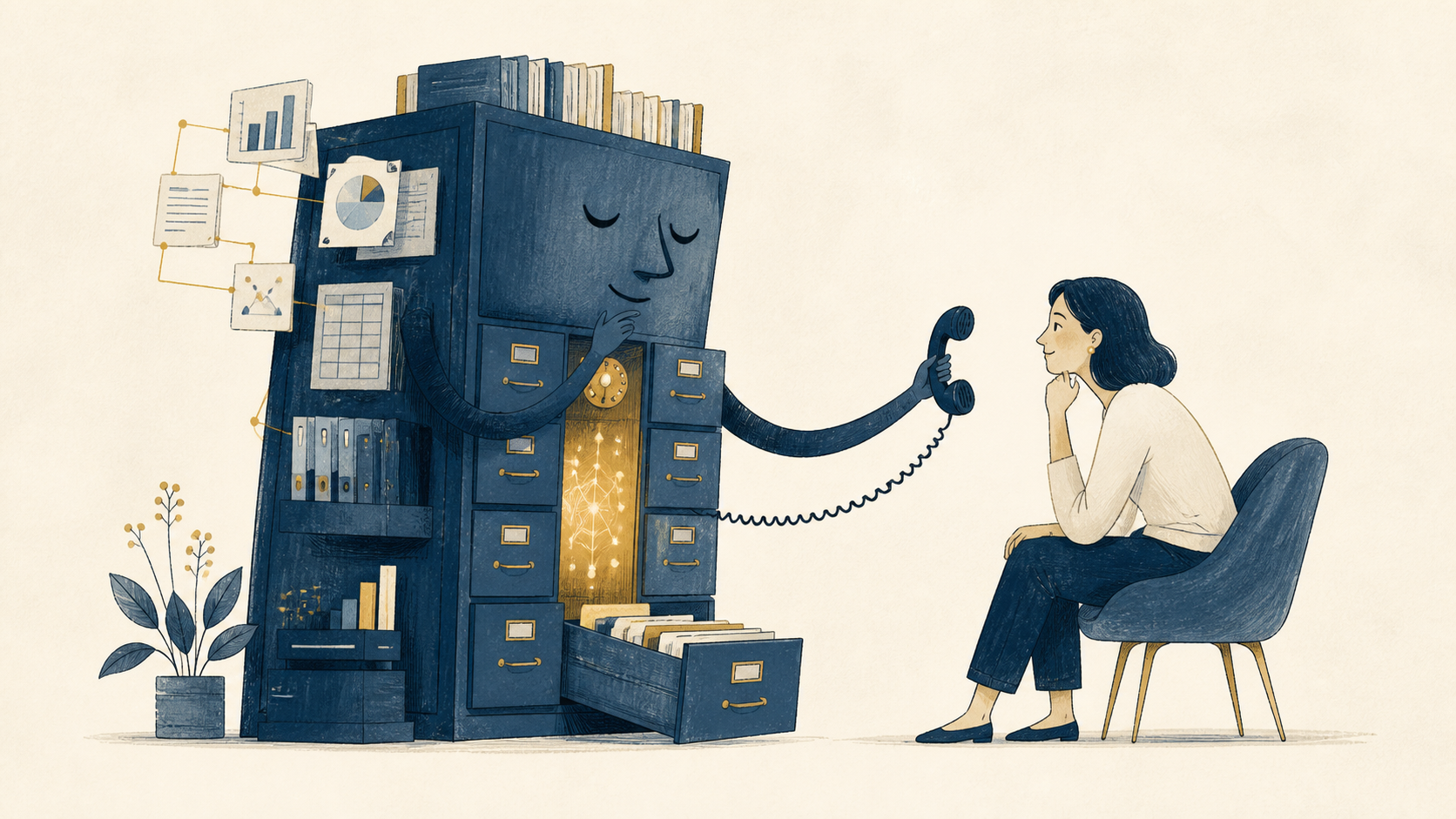 Eine intelligente Archivmaschine reicht einem Menschen das Telefon, um die Antwort zu erhalten, die Daten nicht liefern können