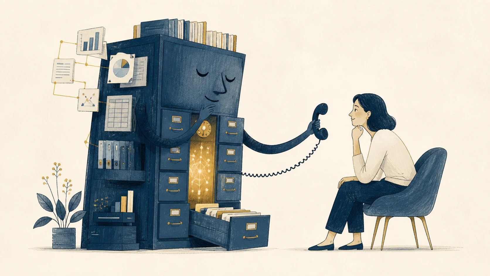 An illustrated filing-cabinet machine offers a telephone to a person.