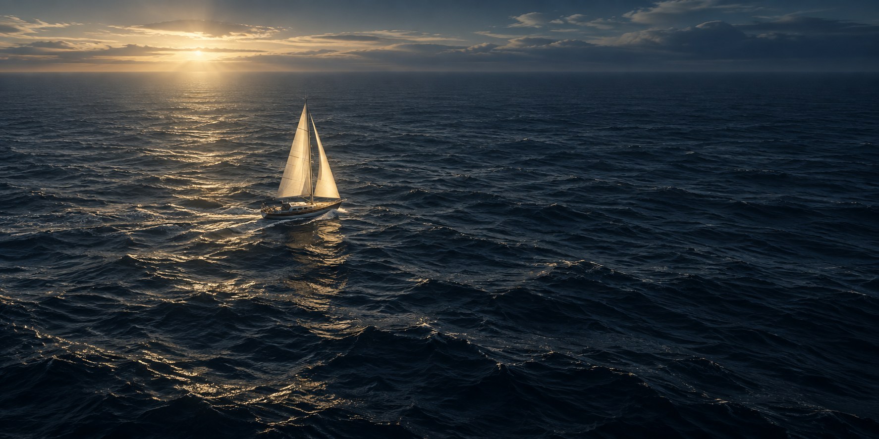 A lone sailing yacht on a vast open sea